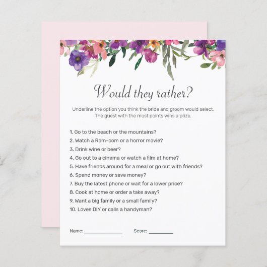 Würden sie eher Party-Brautparty-Spiel mit Blumen (Vorne/Hinten)