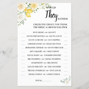 Würden sie lieber Zitronen & Rosen Hochzeit Dusche Flyer