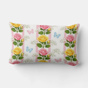 Wurfkissen Rosa und gelbe Rosen Streifen Blumenmus Lendenkissen