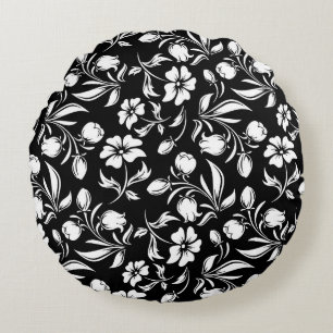 Wurfkissen Schwarz & Weiß Floral Rundes Kissen