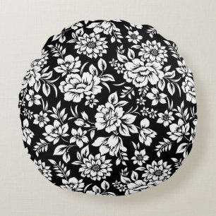 Wurfkissen Schwarz & Weiß Floral Rundes Kissen