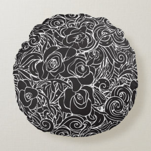 Wurfkissen Schwarz & Weiß Floral Rundes Kissen