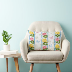 Wurfkissen Streifen Blau Rosa und Gelbe RosenBlume Lendenkissen