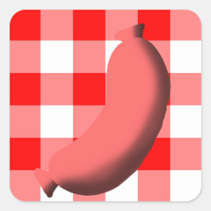 Wurst mit/Rot/Weißer Gingham/Karierter Hintergrund Quadratischer Aufkleber