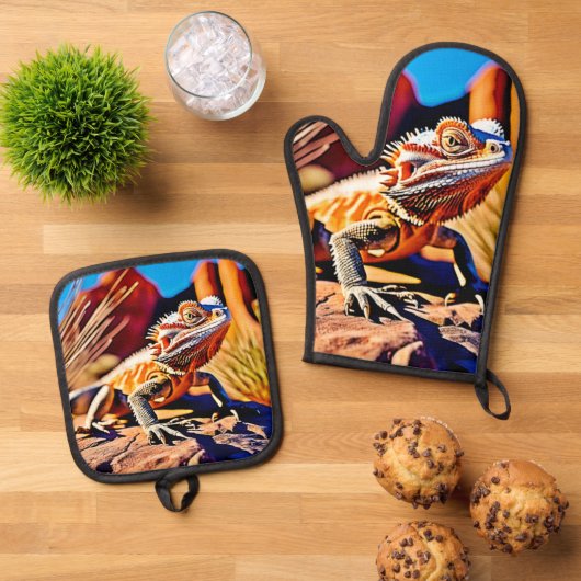 Wüste Bartded Dragon Ofenhandschuh & Topflappen-Set (Oben Unten)