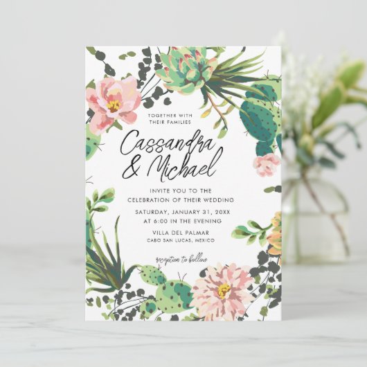 Wüste Blooms Hochzeit Einladung (Stehend Vorderseite)
