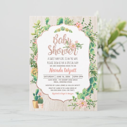 Wüste Blume & Rose Gold Baby Dusche Einladung (Stehend Vorderseite)