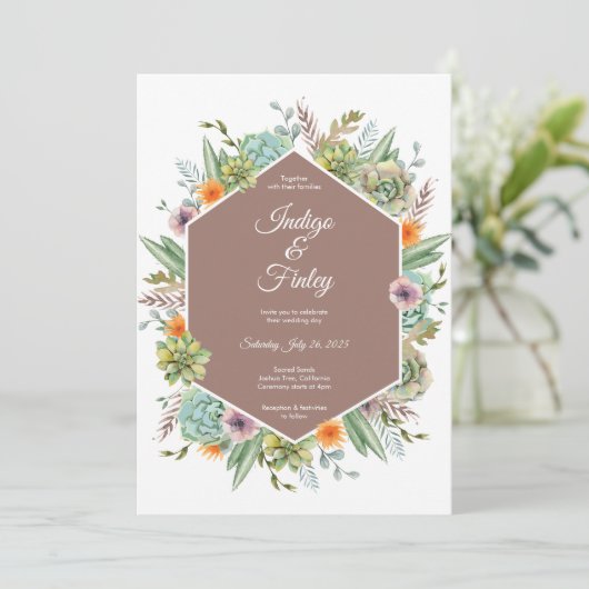Wüste Boho Succulents Cactus Wedding Einladung (Stehend Vorderseite)