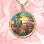 Wüste Cactus Sunset Stated Glass Vergoldete Kette<br><div class="desc">Auf diesen einzigartigen Ohrringen ist das wunderschöne Bild von Wüstenkakteen vor einem strahlenden Sonnenuntergang über lila Bergen. Die vorherrschenden Farben sind Blau,  Orange,  Gold und Grün. Elegant,  hell und farbenfroh! Stellen Sie sicher,  dass Sie die passenden Ohrringe und Schlüsselanhänger in unserem Shop sehen.</div>