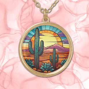 Wüste Cactus Sunset Stated Glass Vergoldete Kette