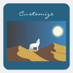 Wüste Coyote Howling Vollmond Thunder_Cove Quadratischer Aufkleber