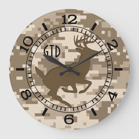 Wüste Digital Camouflage Jumping Deer Monogram Große Wanduhr (Vorderseite)
