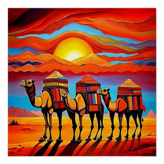 Wüste Kamelkarawane bei Sonnenuntergang 1 Poster (Vorderseite)