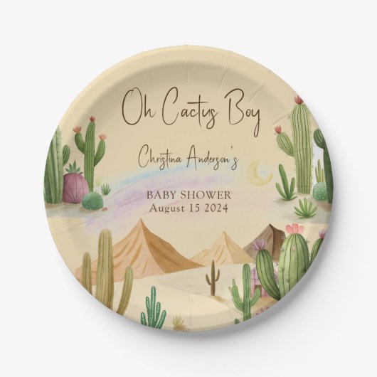 Wüste Oh Cactus Boy Boho Arch Baby Shower Pappteller (Vorderseite)
