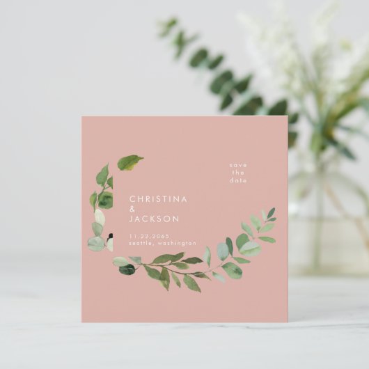 Wüste Pink Eukalyptus Wedding Save the Date (Stehend Vorderseite)