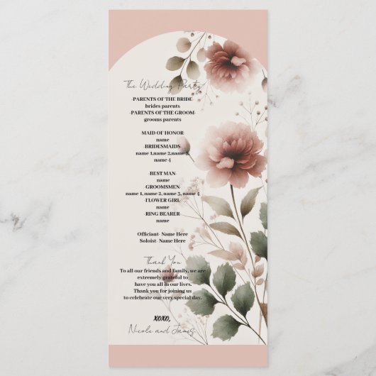 Wüste Rose Pink Blumengrün Hochzeitsprogramm Programm (Rückseite)