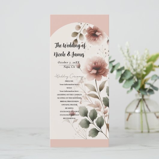 Wüste Rose Pink Blumengrün Hochzeitsprogramm Programm (Stehend Vorderseite)