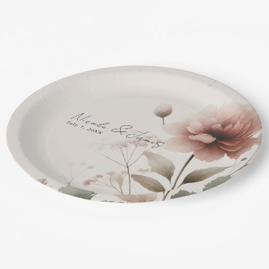 Wüste Rose Rosa Blumengrün Bridal Wedding Pappteller (Schrägansicht)