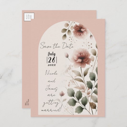 Wüste Rose Rosa und Grün Save the Date Ankündigungspostkarte (Vorne/Hinten)