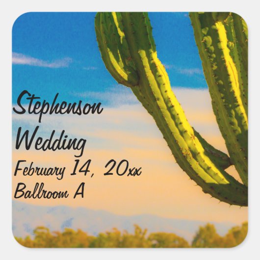 Wüste Saguaro Cactus Wedding Name Location Quadratischer Aufkleber (Vorderseite)