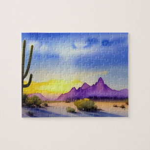 Wüste Sonnenaufgang Landschaftlich Wasserfarbe Puzzle