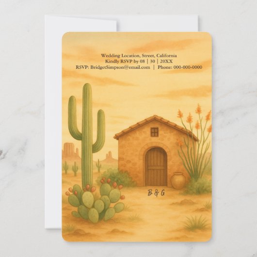 Wüste Südwestgolden Sunset Hochzeit in Urlaubsort Einladung (Rückseite)