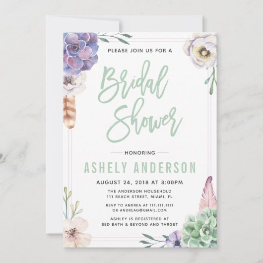 Wüste Sukkulent Boho Bridal Dusche Einladung (Vorderseite)