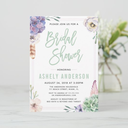 Wüste Sukkulent Boho Bridal Dusche Einladung (Stehend Vorderseite)