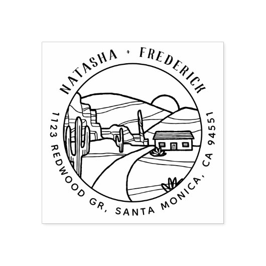 Wüste Sunrise | Kaktus Kakteen Runde Rücksendeadre Gummistempel (Prägung)