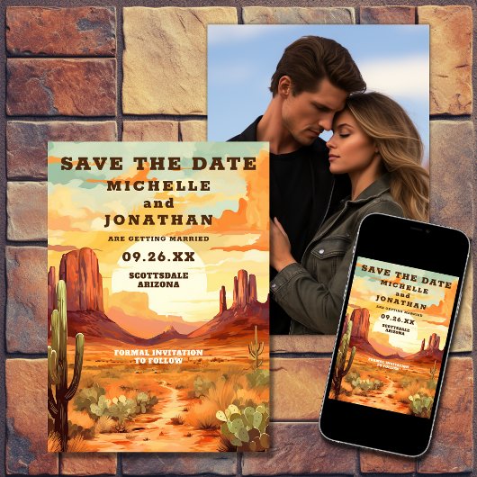 Wüste Sunset, Cactus Southwestern Foto Wedding Save The Date