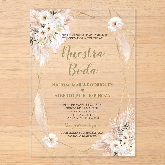Wüste Weißer Rosen Gold Nuestra Boda Acryleinladungen (Vorderseite)