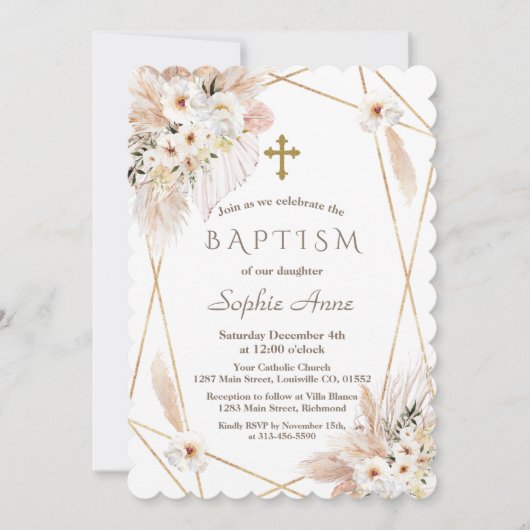 Wüste White Roses Pampas Grass Girl Taufe Einladung (Vorderseite)