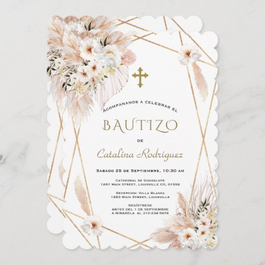 Wüste White Roses Pampas Grass Taufe Einladung (Vorne/Hinten)