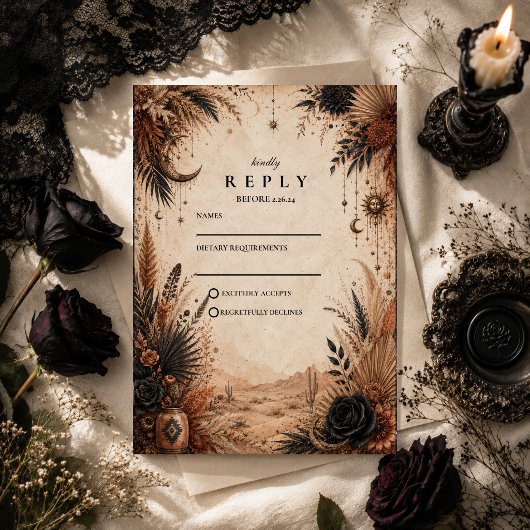 Wüsten-Boho-Goth-Hochzeit RSVP Karte