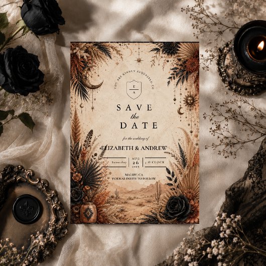 Wüsten-Boho-Goth-Hochzeit Save The Date