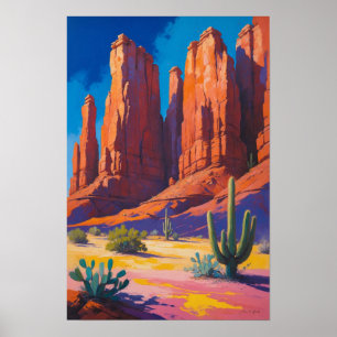 Wüsten-Canyon mit roten Felsformationen und Kaktus Poster