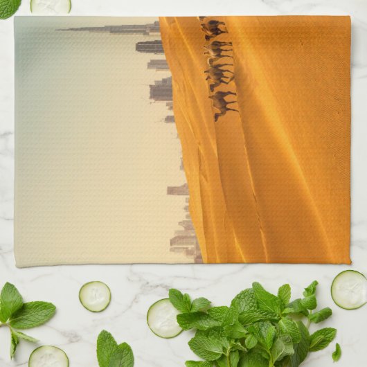 Wüsten | Dubais Skyline-Ansicht mit Kameln Geschirrtuch (Gefaltet)