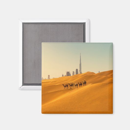 Wüsten | Dubais Skyline-Ansicht mit Kameln Magnet (Vorderseite/Rückseite)