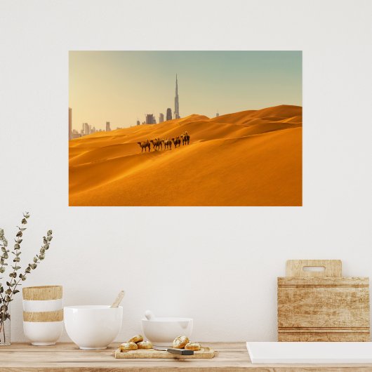 Wüsten | Dubais Skyline-Ansicht mit Kameln Poster (Küche)