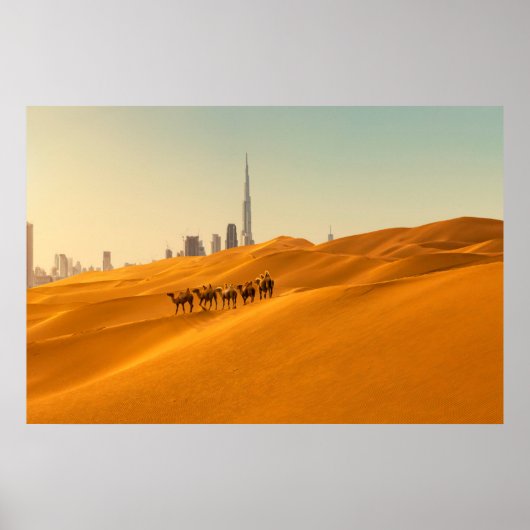 Wüsten | Dubais Skyline-Ansicht mit Kameln Poster (Vorne)