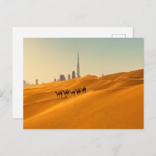 Wüsten | Dubais Skyline-Ansicht mit Kameln Postkarte (Vorne/Hinten)