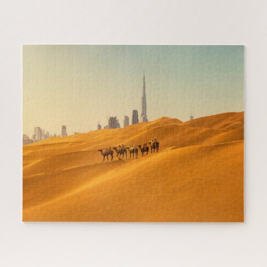Wüsten | Dubais Skyline-Ansicht mit Kameln Puzzle (Horizontal)