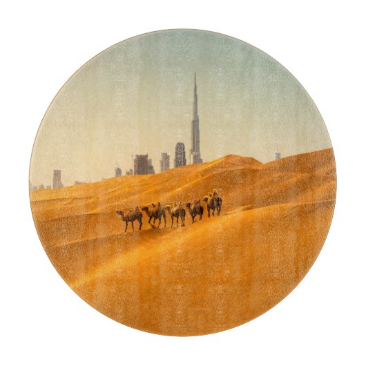 Wüsten | Dubais Skyline-Ansicht mit Kameln Schneidebrett (Vorderseite)
