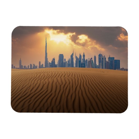 Wüsten | Dubais Skyline View von Sand Dune Magnet (Horizontal)