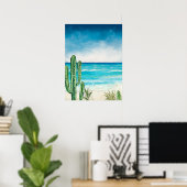 Wüsten-Kaktus-Strand-Meer-Landschaft Aquarell Poster (Heimbüro)
