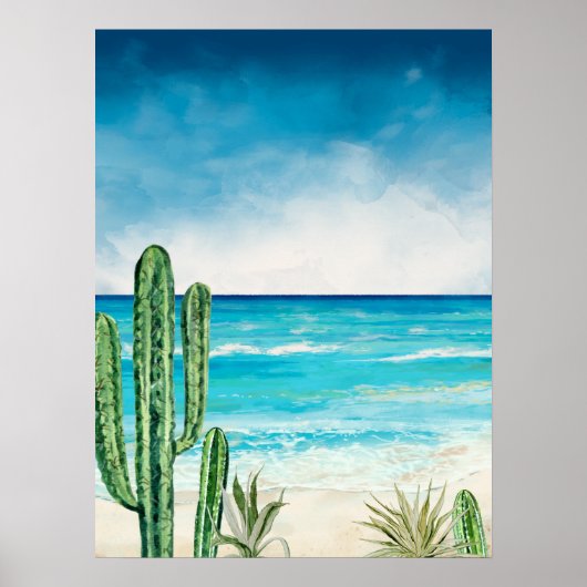 Wüsten-Kaktus-Strand-Meer-Landschaft Aquarell Poster (Vorne)