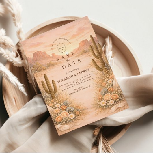 Wüsten-Rosé-Kaktus-Landschaft-Hochzeit Save The Date