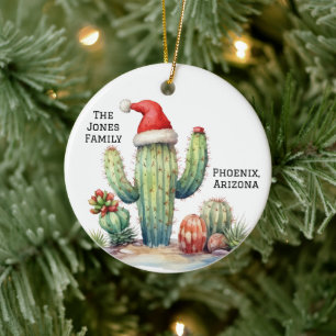 Wüsten-/Südwest-Kaktus mit Weihnachtsmannmütze Keramik Ornament