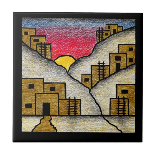 Wüsten-Südwesten-Adobe-Dorf-Volkskunst Fliese (Vorderseite)