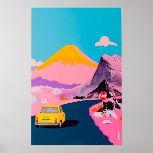 Wüstenautobahn-Kunstprint Gelbes Auto, Vulkan Poster (Vorne)
